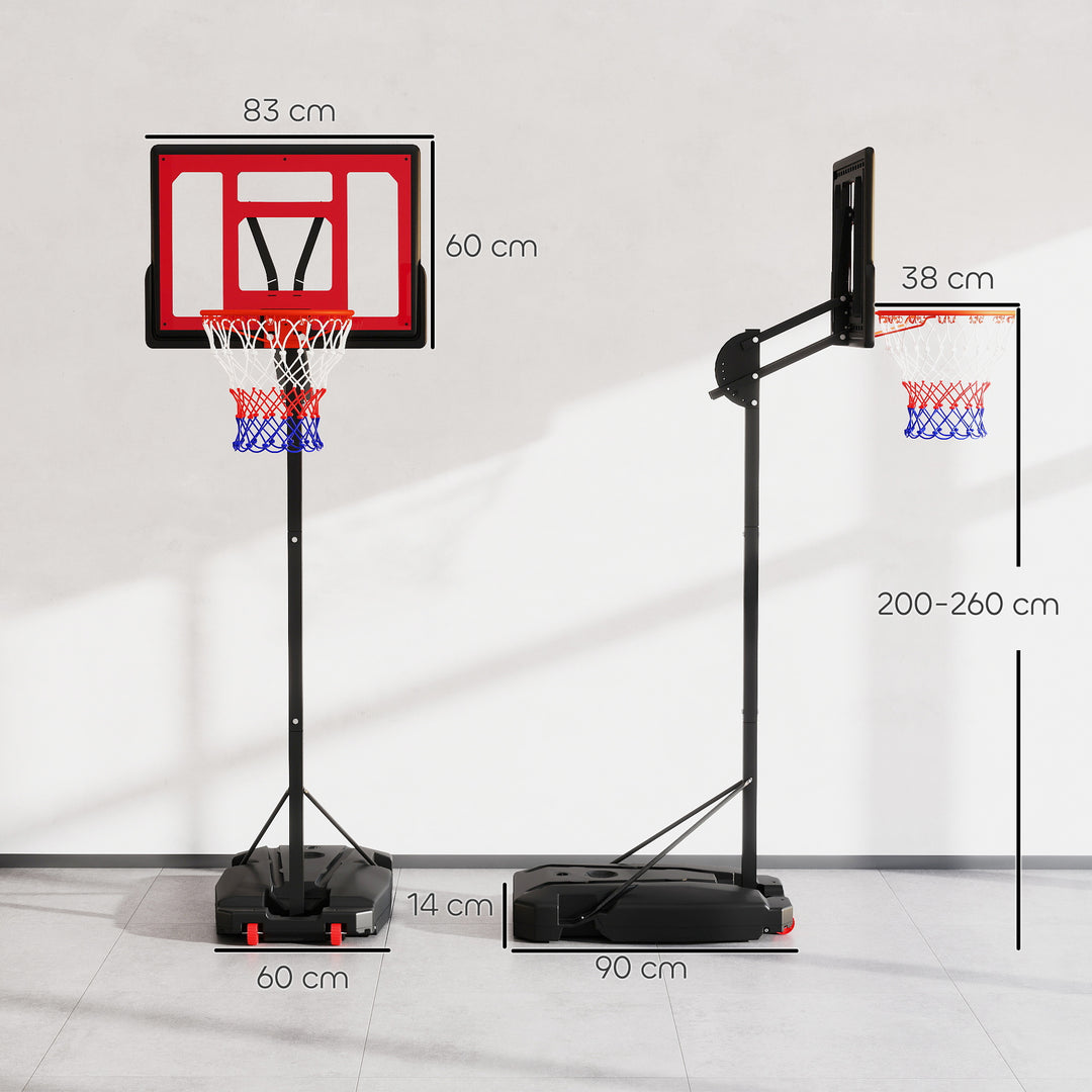 Børne basketballkurv, udendørs basketballkurv til børn, 200-260 cm højdejusterbar, med hjul, alder 6+, rød