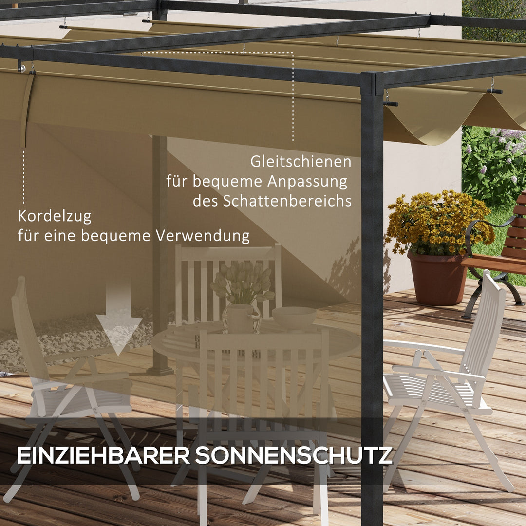 Pergola, robust solsejl til have, altan, terrasse, lavet af metal og plastik, UV- og vandafvisende, khaki