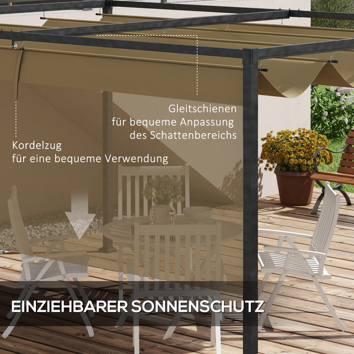 Pergola, robust solsejl til have, altan, terrasse, lavet af metal og plastik, UV- og vandafvisende, khaki