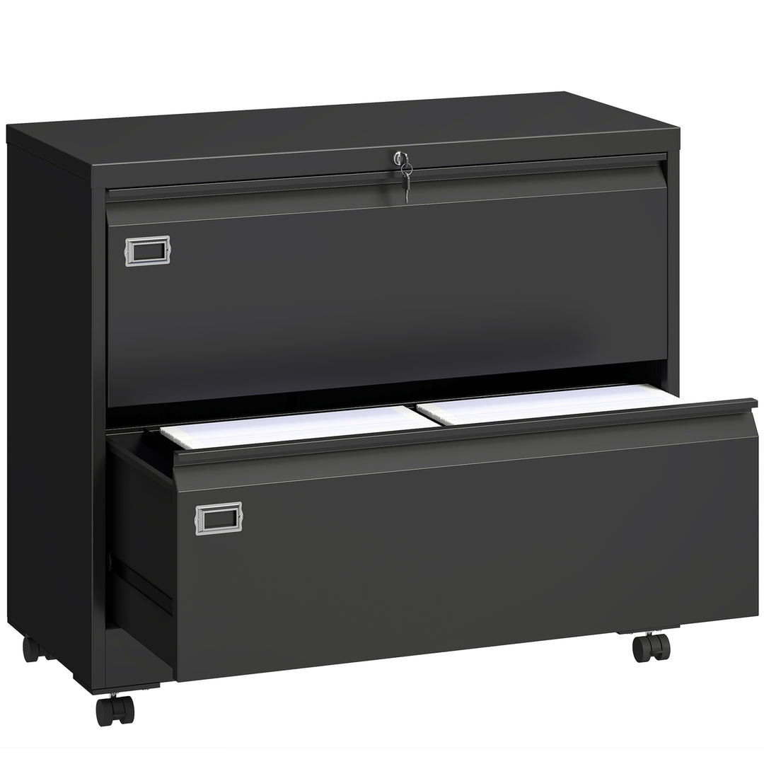 Låsbar mobil piedestal med 2 skuffer, arkivskab med justerbart hængemappesystem, 90 x 40 x 77,4 cm, sort