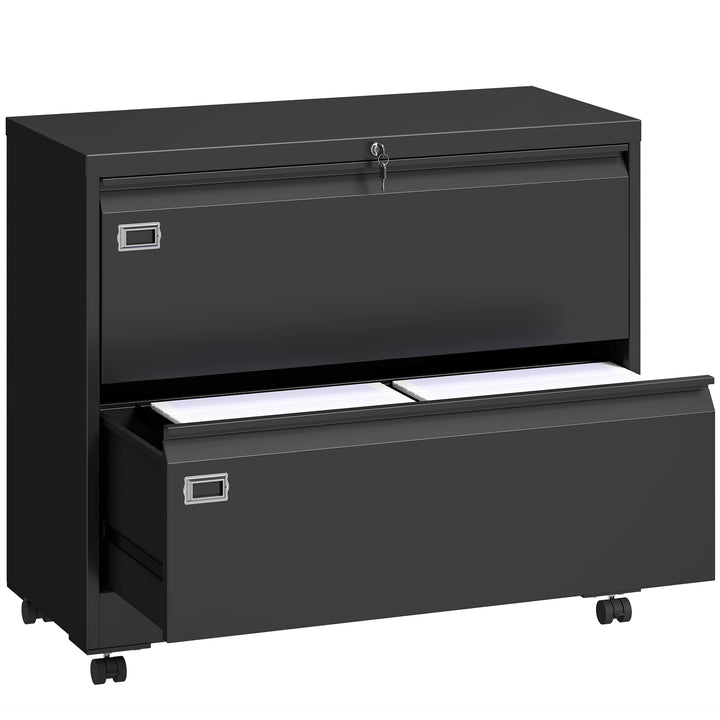 Låsbar mobil piedestal med 2 skuffer, arkivskab med justerbart hængemappesystem, 90 x 40 x 77,4 cm, sort