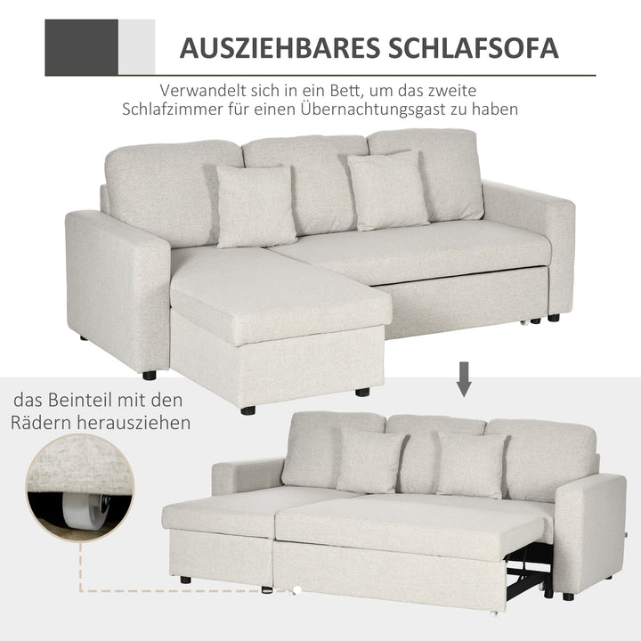 Hjørnesofa med sengefunktion, hjørnesofa inklusive 2-personers sofa, enkeltseng, l-formet med opbevaringsplads, 2 hynder cremehvid