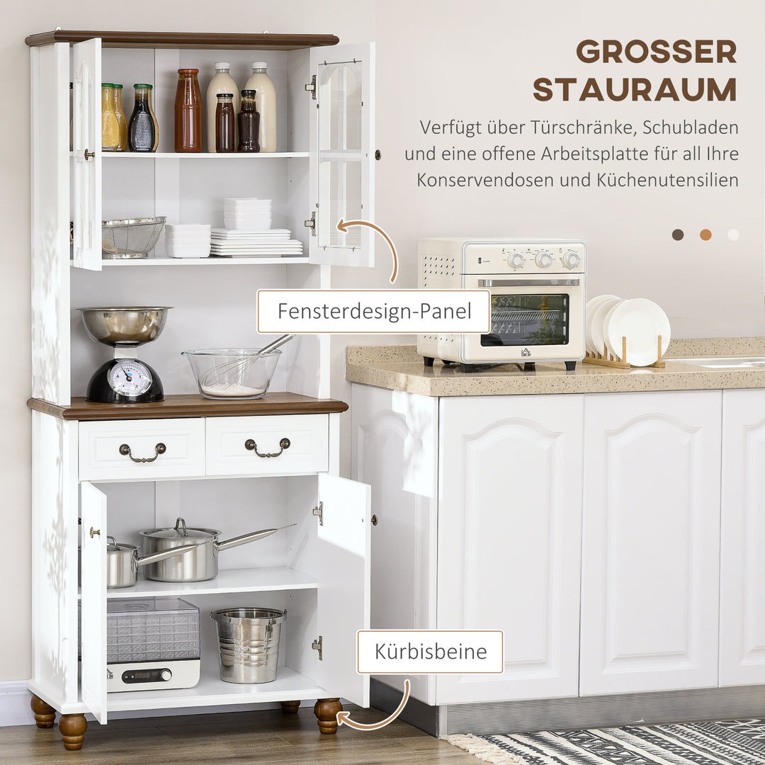 Køkkenskab, buffet, 2 skuffer, 2 skabe, klassisk design, hvid + mørkebrun, 76 x 38 x 182 cm