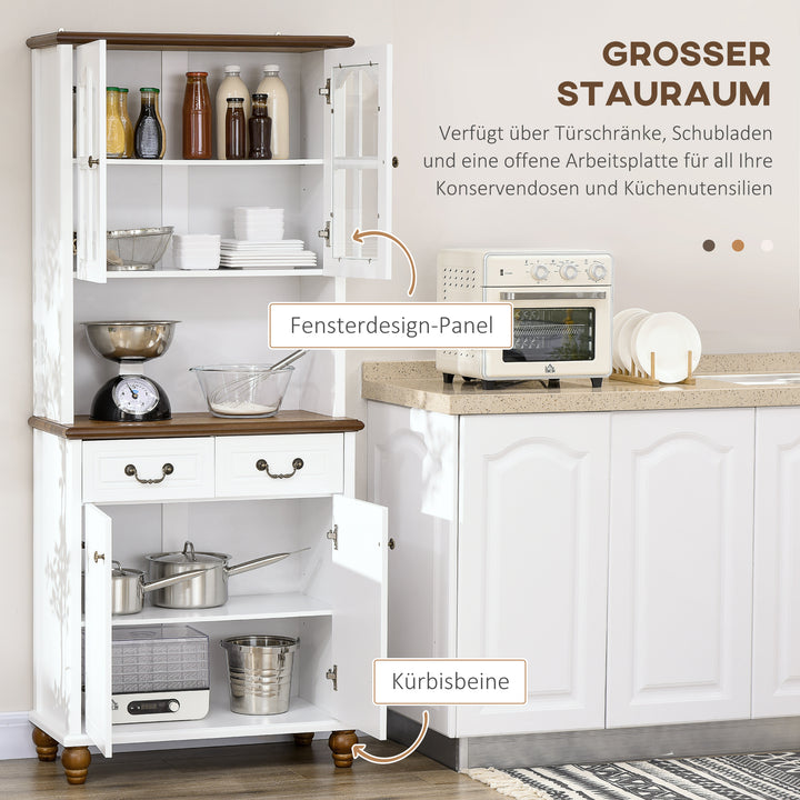 Køkkenskab, buffet, 2 skuffer, 2 skabe, klassisk design, hvid + mørkebrun, 76 x 38 x 182 cm