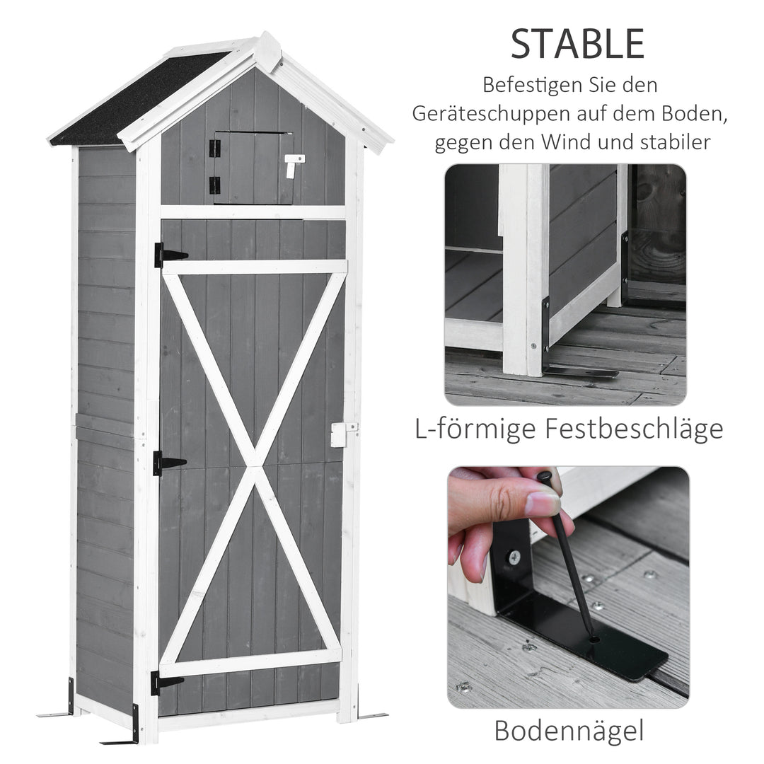 Træskur, vejrbestandigt redskabsskur 78x52,5x182cm, redskabsskur med dør, gavltag, redskabsskab med kroge, foldbart bord, redskabsskab haveskur til have, terrasse, grå