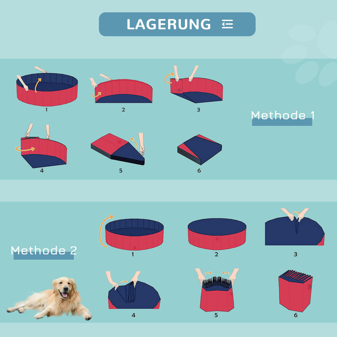 Sammenklappeligt hundebadekar, hundebassin, børnebassin, swimmingpool, vandbassin til hunde og katte, swimmingpool af plastik og træ, rød, Ø160 x 30H cm