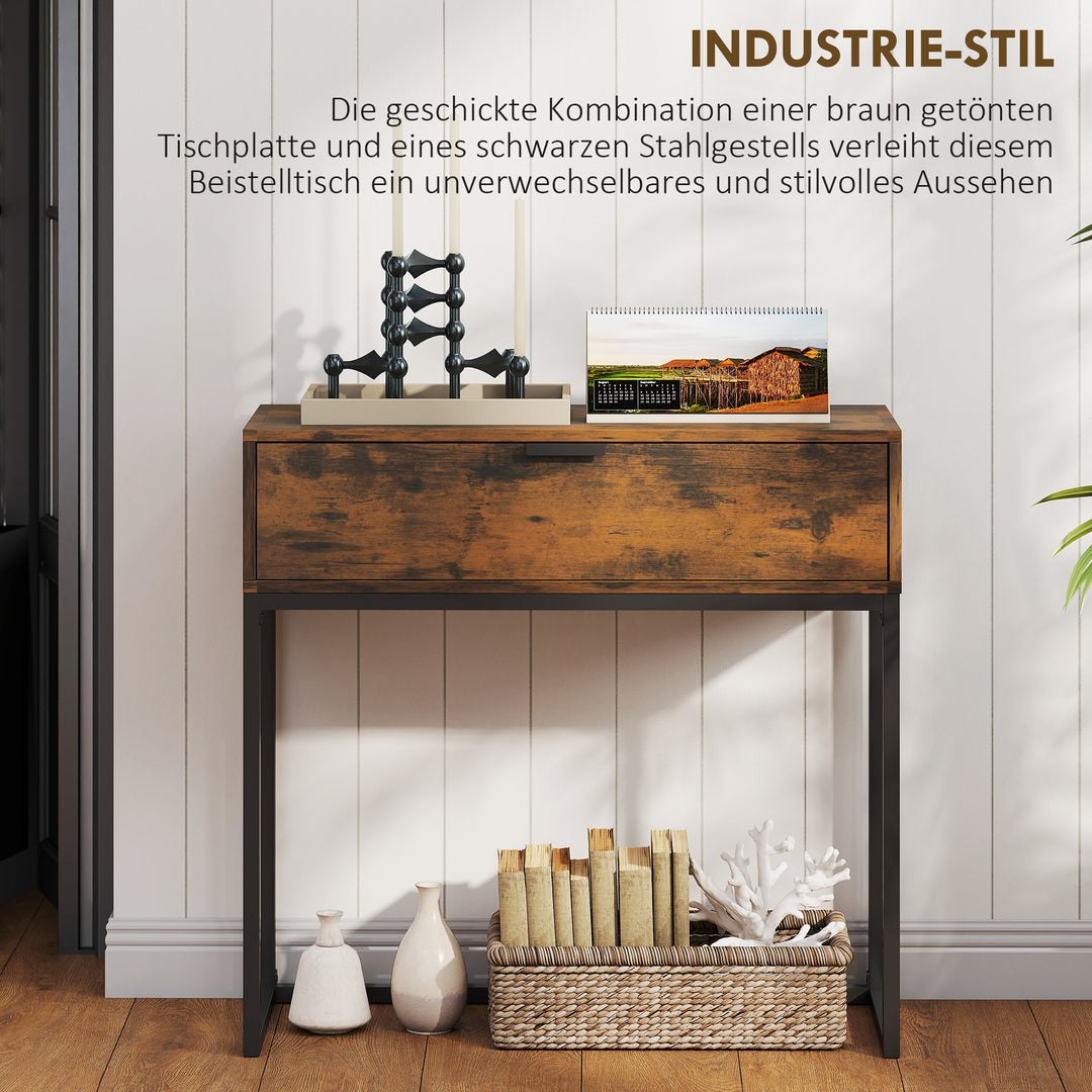 Konsolbord, entrebord med skuffe, industrielt design, til entre eller stue, 80x30x76 cm, sort