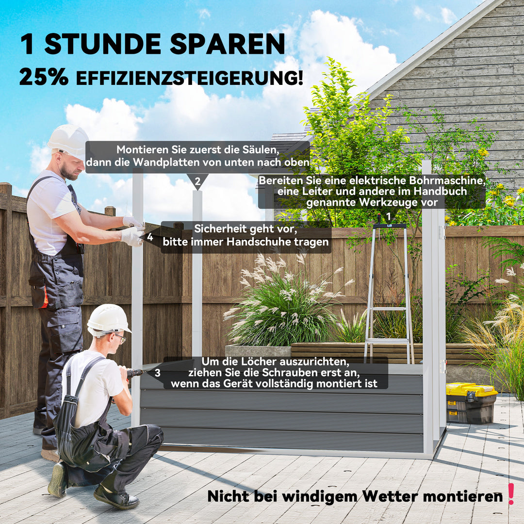 Metalskur, galvaniseret stål, låsbar dør, nem montering, 142 x 184 x 165/181 cm, grå