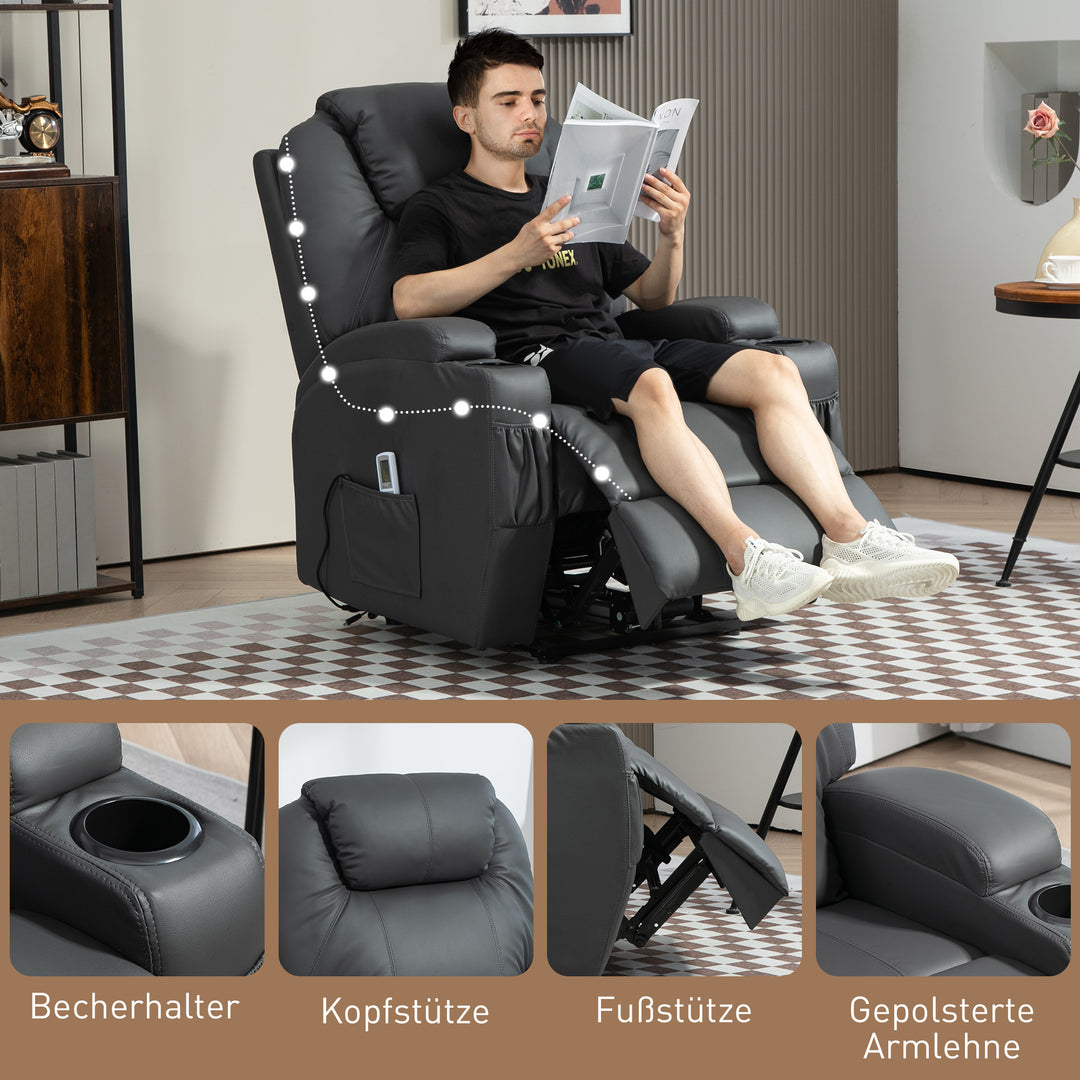 Massagestol, elektrisk justerbar, 8 vibrationspunkter, kopholder, kunstlæder, mørkegrå