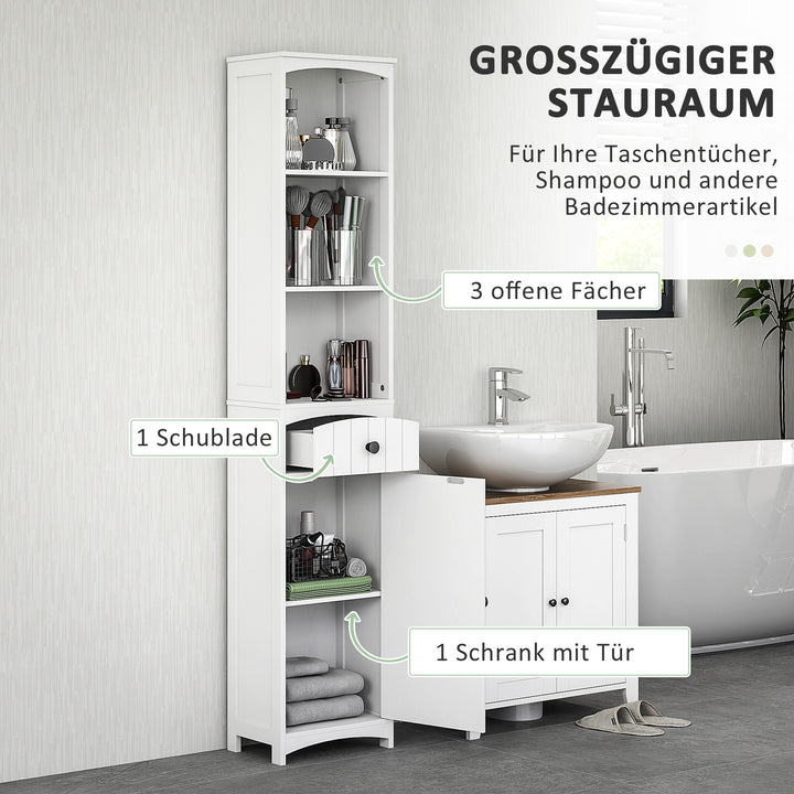 Badeværelsesskab med 3 hylder, 1 skuffe, robust, mdf, hvid