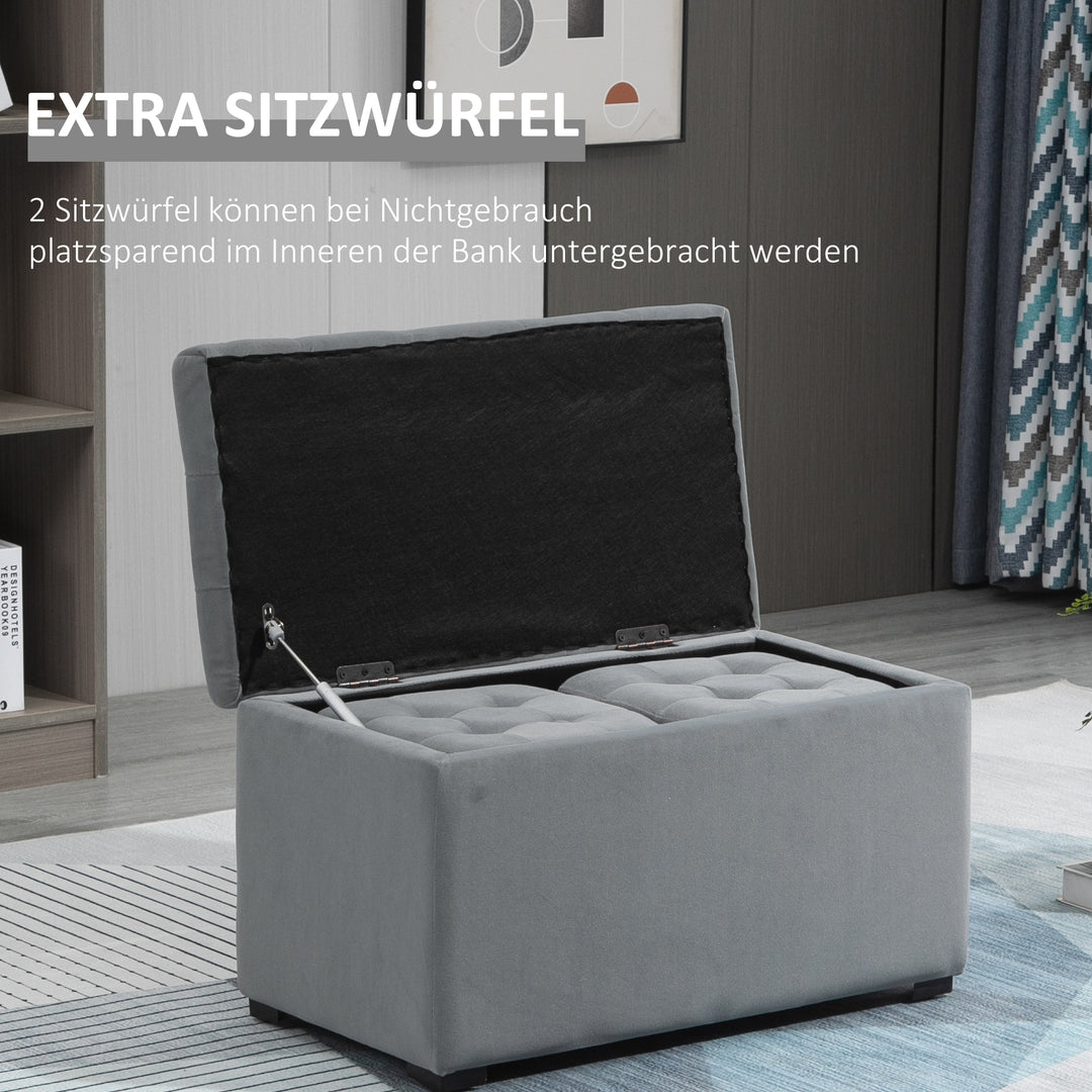 3-Delt opbevaringssæt, 2 x puffer, polstret kommode, fodskammel, opbevaringsboks, fodstøtte, lasteevne op til 130 kg, mikrofiberstof, skum, 75 x 40 x 42 cm, lysegrå
