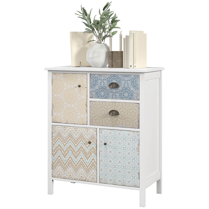 Skænk, shabby chic kommode, 2 skuffer, 3 skabsrum, fyrretræ, 68x34x80cm, hvid