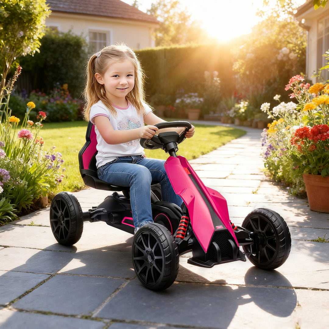 Gokart, børnekøretøj med justerbart sæde, pedalbil, pedalbil med håndbremse, 3-8 år, udendørs, lyserød