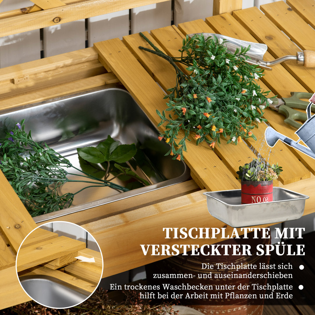 Havearbejdsbord, integreret rustfri stålvask, 2 hylder, massivt træ, brunt, 92 x 45 x 120 cm