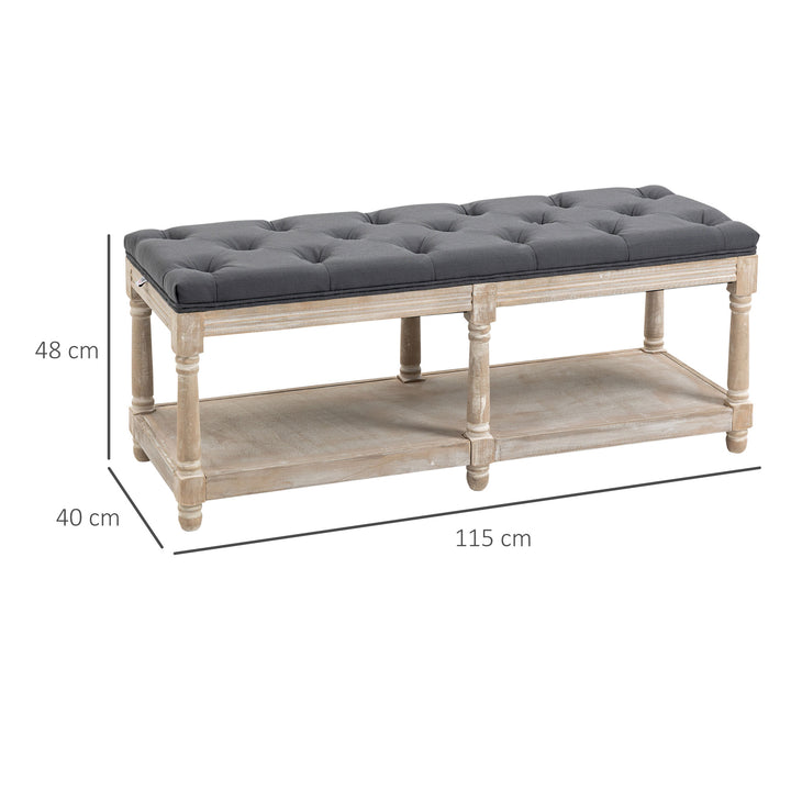 Vintage design opbevaringsbænk med knapper, gummitræ, 115x40x48cm, grå