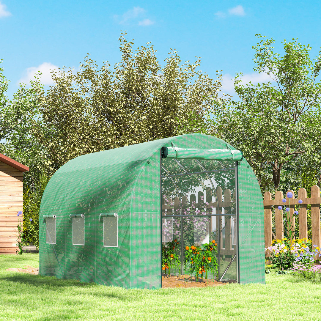 Polytunnel drivhus med plastikdæksel og stålramme, walk-in drivhustelt med rulledøre, grøn