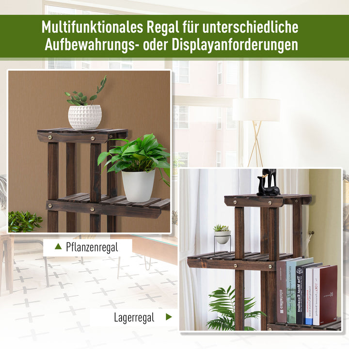Blomstertrappe 6 hylder 4 hjul 123,5 cm × 33 cm × 80 cm massivt træ brunt 123,5 cm × 33 cm × 80 cm