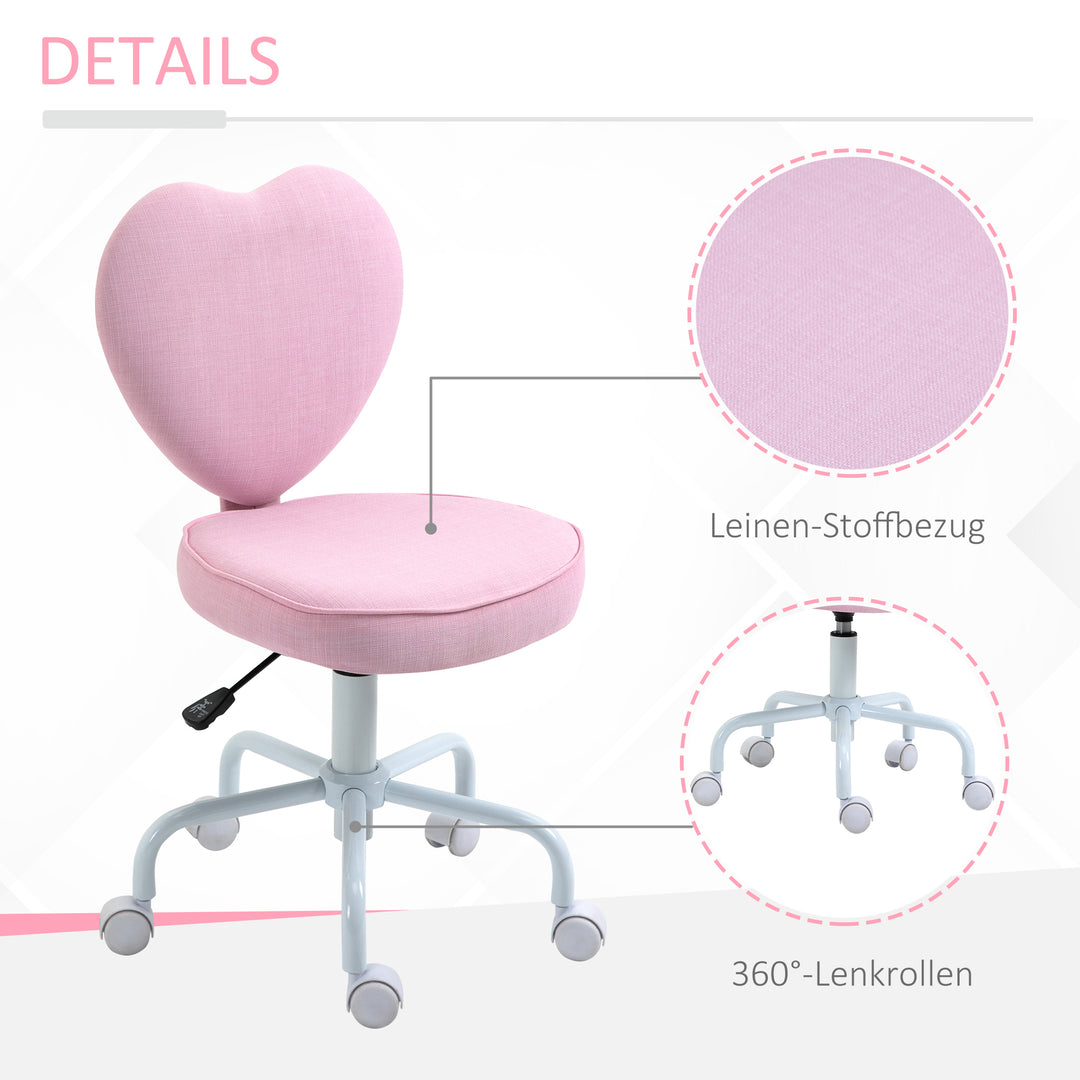 Drejestol, sødt hjertedesign, højdejusterbar, betræk i hørlook, pink, 42 x 50 x 79-89 cm