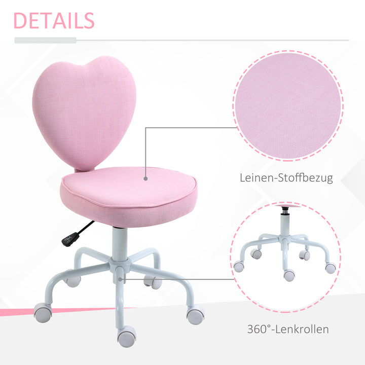 Drejestol, sødt hjertedesign, højdejusterbar, betræk i hørlook, pink, 42 x 50 x 79-89 cm