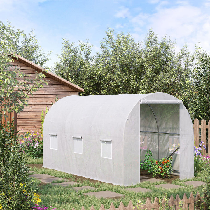 Drivhus 350x200x200cm, polytunneldrivhus, tomathus med dør, vindue, galvaniseret stålpolytunnel, plantetunnel, drivhus inklusive jordankre og reb, havetunnel, hvid
