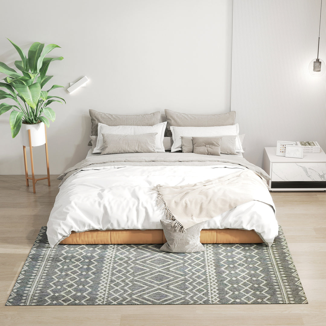 Indendørs/udendørs tæppe, boho design, nem rengøring, grå