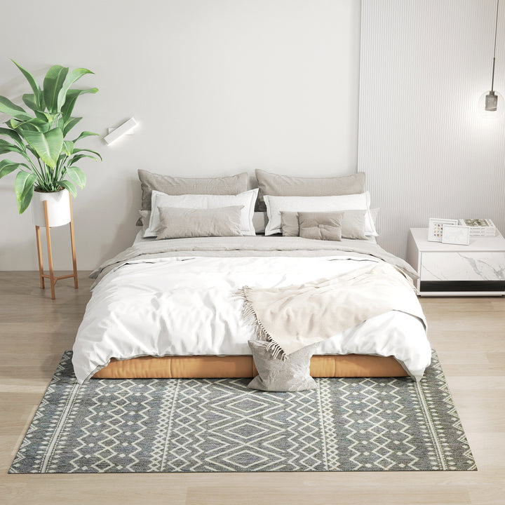 Indendørs/udendørs tæppe, boho design, nem rengøring, grå