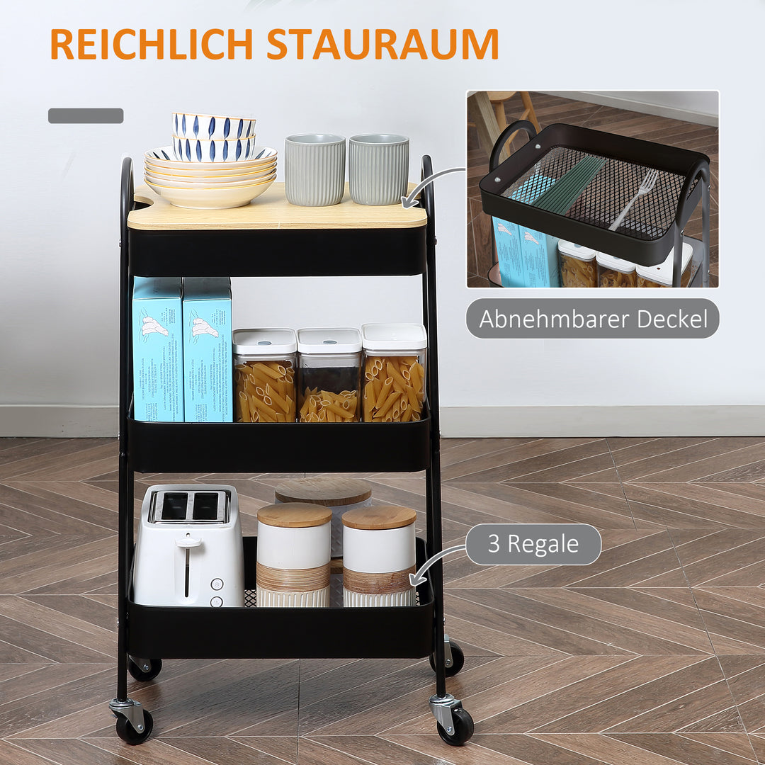 Trolley, serveringsvogn med 3 kurvehylder, metal, plastik, sort