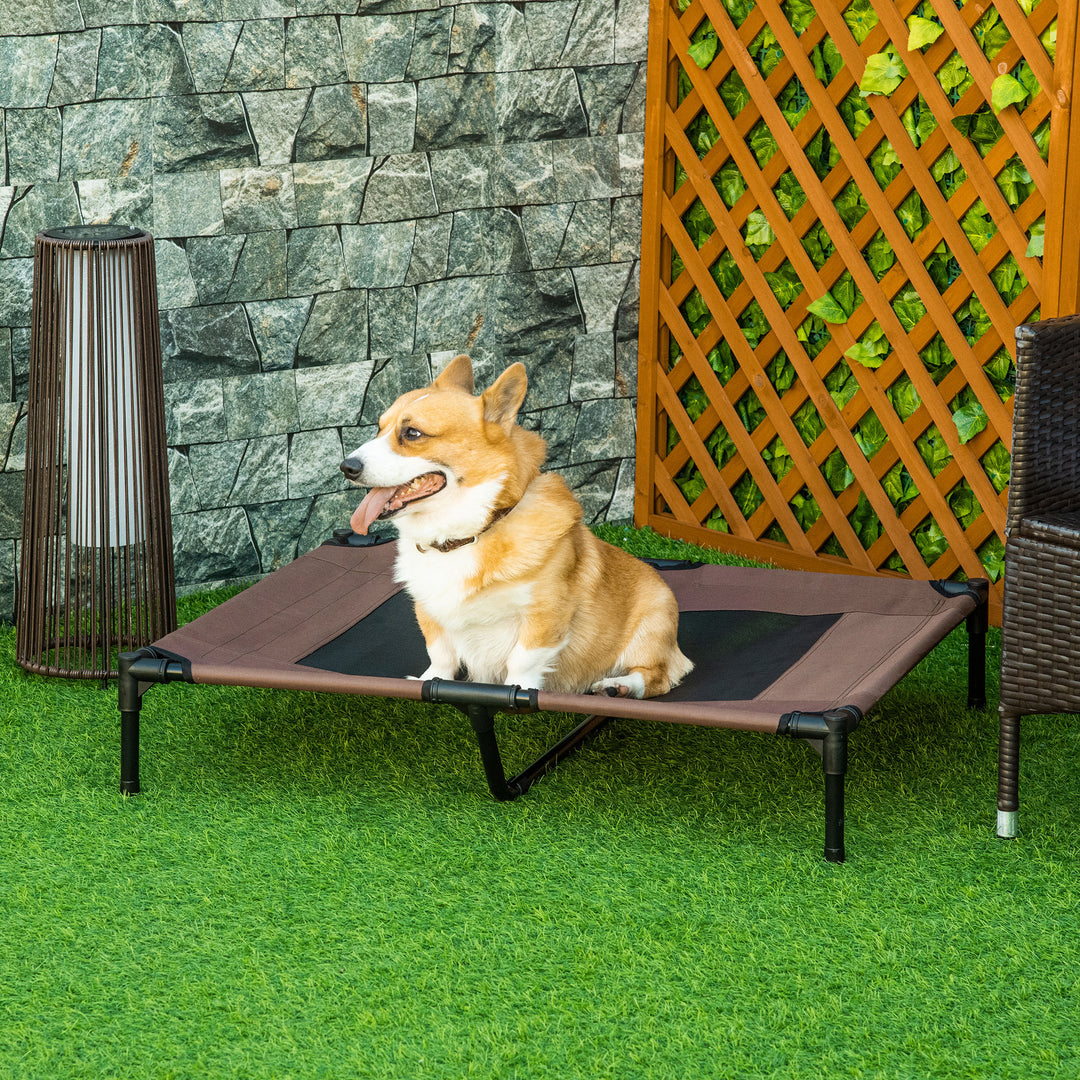 Udendørs hundeseng, kølende kæledyrsseng til store hunde, hævet hundeseng med robust metalramme, åndbart net til udendørs have, 92 x 76 x 18 cm, kaffebrun