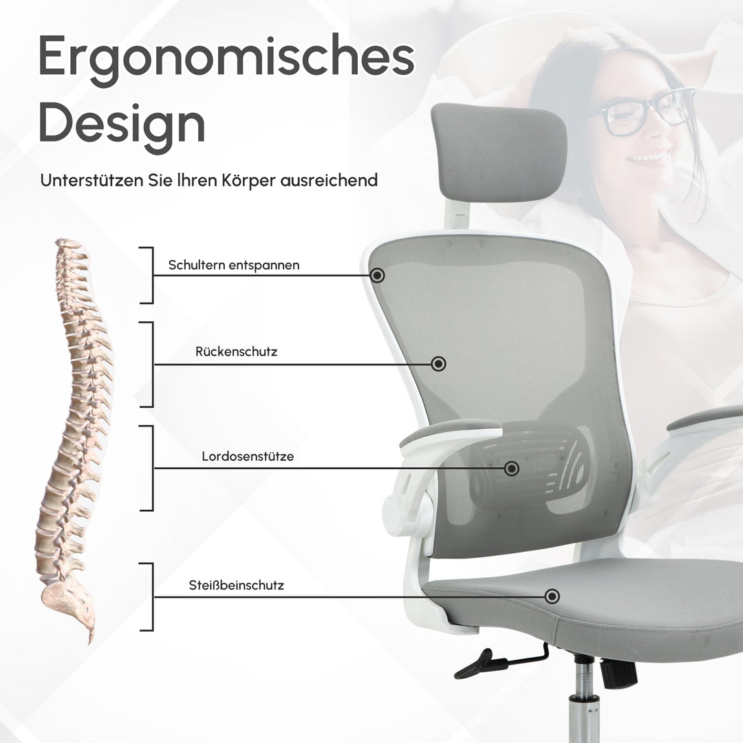 Kontorstol ergonomisk skrivebordsstol med vippefunktion høj ryg lændestøtte nakkestøtte foldbar armlæn hjemmekontor grå 65 x 64 x 114-122 cm