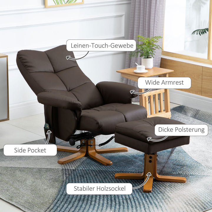 Afslappende lænestol med lænefunktion massagestol med fodskammel tv-stol tv-stol 145° vipbar lænestol ergonomisk stol med 10 vibrationspunkter kunstlæder brun 80 x 86 x 99 cm