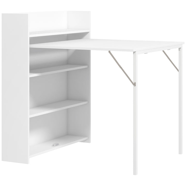 Foldbart spisebord, velegnet til små rum, med 4 diskrete hylder, foldbart køkkenbord, anti-tip funktion, hvid