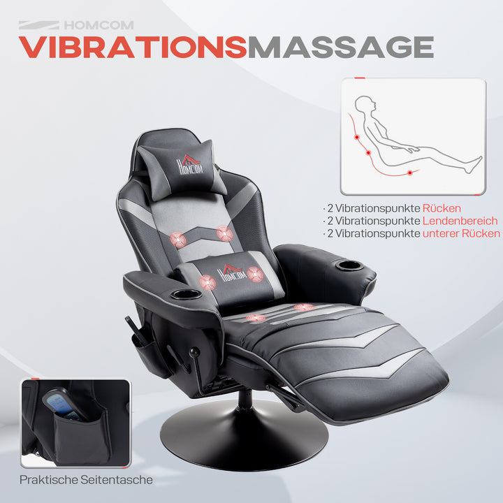 Gamingstol, massagefunktion, ryglæn med justerbar ryglæn, fodstøtte, op til 120 kg, stålstel, kunstlæder, grå