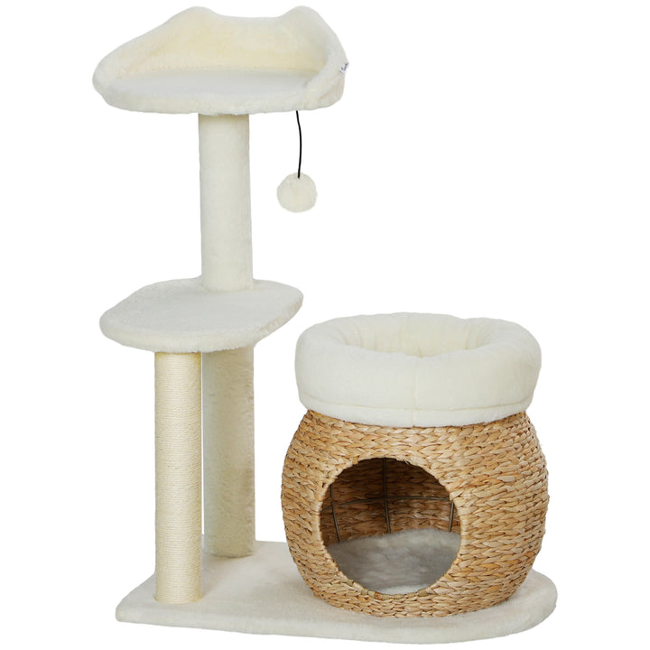 Kradsetræ med kattehule, legebold og platform, rør/sisal, op til 10 kg, 60 x 40 x 79 cm, cremehvid