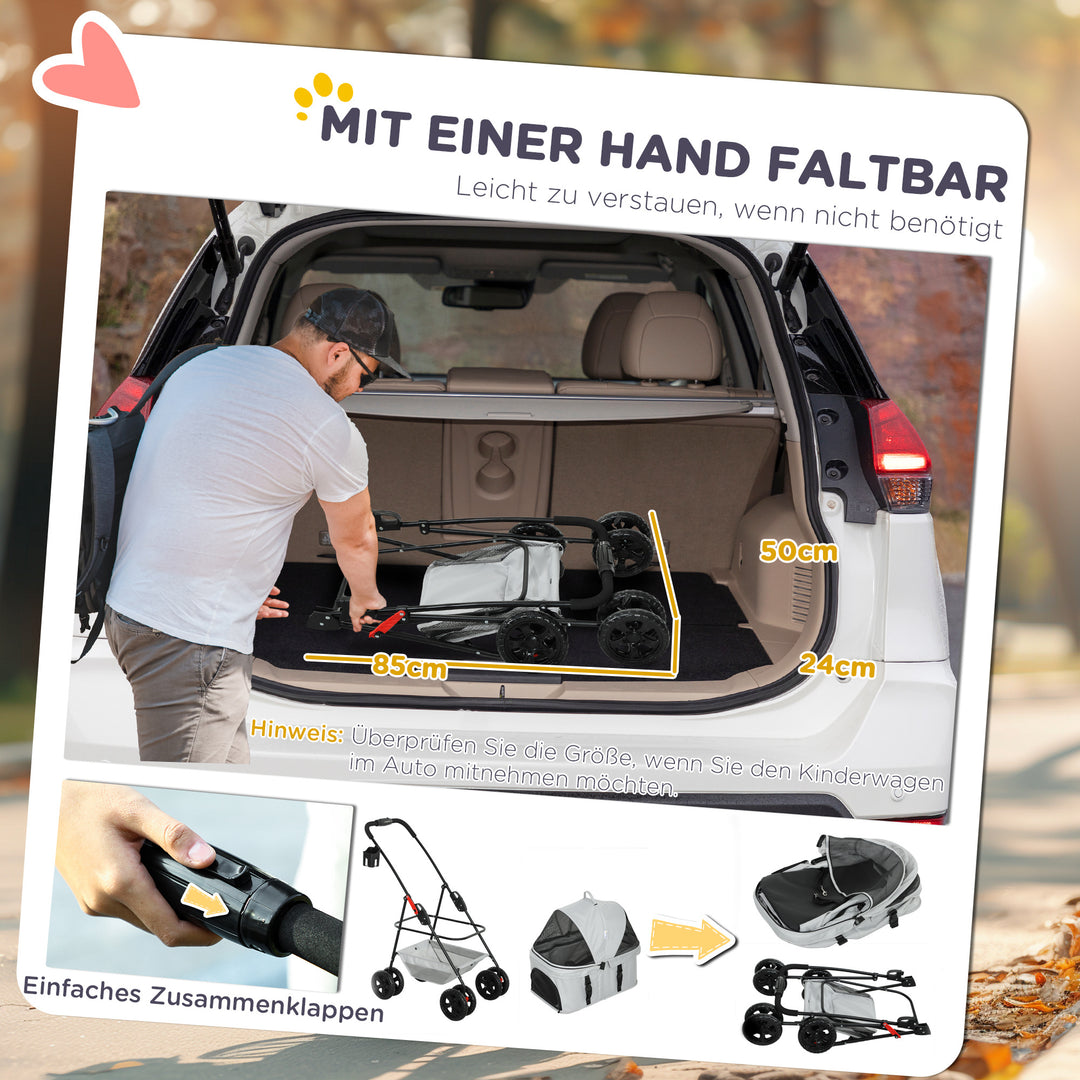 3-I-1 kæledyrsklapvogn, sammenklappelig hundevogn med 4 hjul og aftagelig transportør til hunde og katte, grå