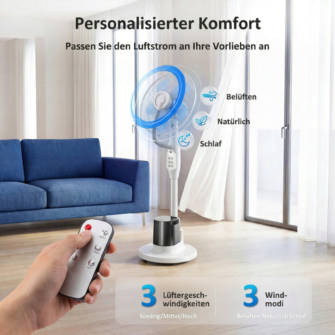 Stående ventilator med dugfunktion, 70° oscillation, 3 hastigheder, 3 tilstande, 3,5L vandtank, hvid