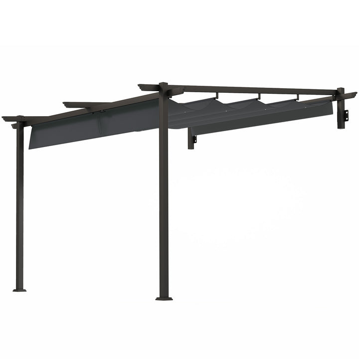 Pavillon, 3 x 3 m pergola, vindtæt terrassetag, vægmonteret, justerbart tag, til have, terrasse, mørkegrå