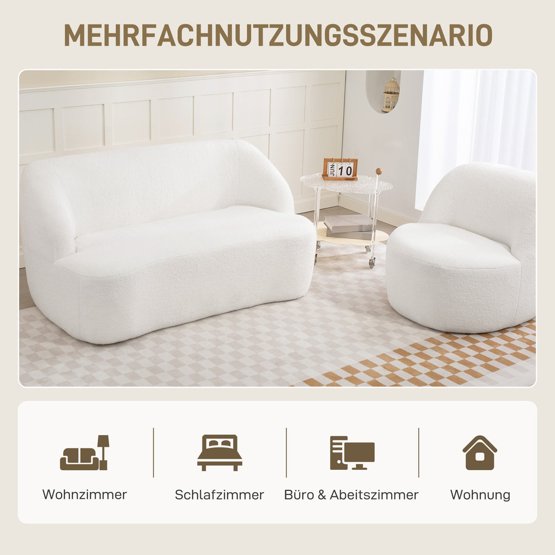2-personers sofa, buet design, polstret sofa med fleecebetræk, til stue, soveværelse, hjemmekontor, cremehvid