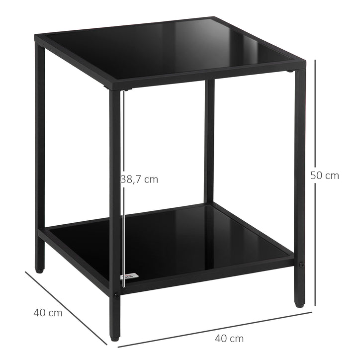 Sidebord med hærdet glasplade, 2 niveauer, klassisk design med metalstel, sort