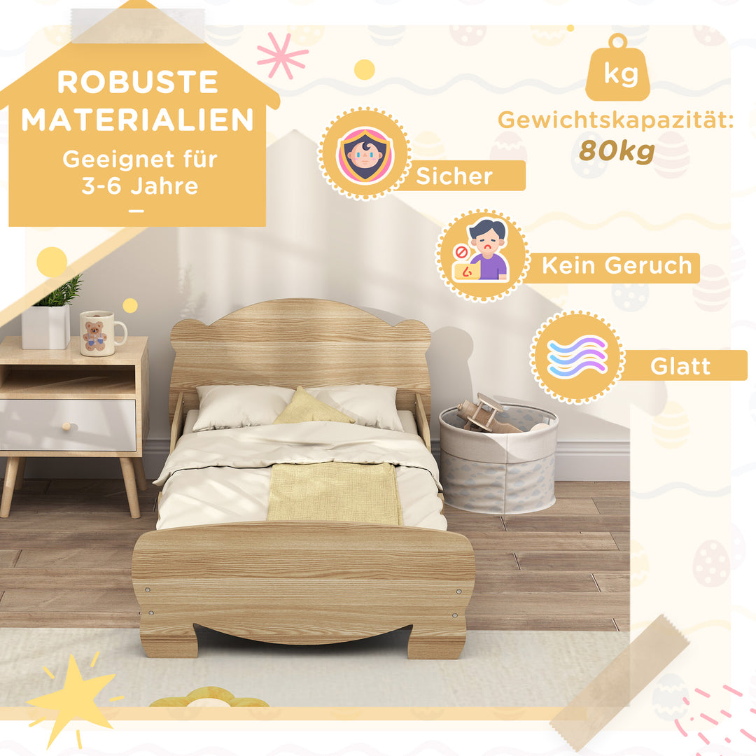 Børneseng, ungdomsseng, husseng med bjørnedesign, legeseng til 3-6 år gamle børn, 143,5 x 80 x 55 cm, naturtræ