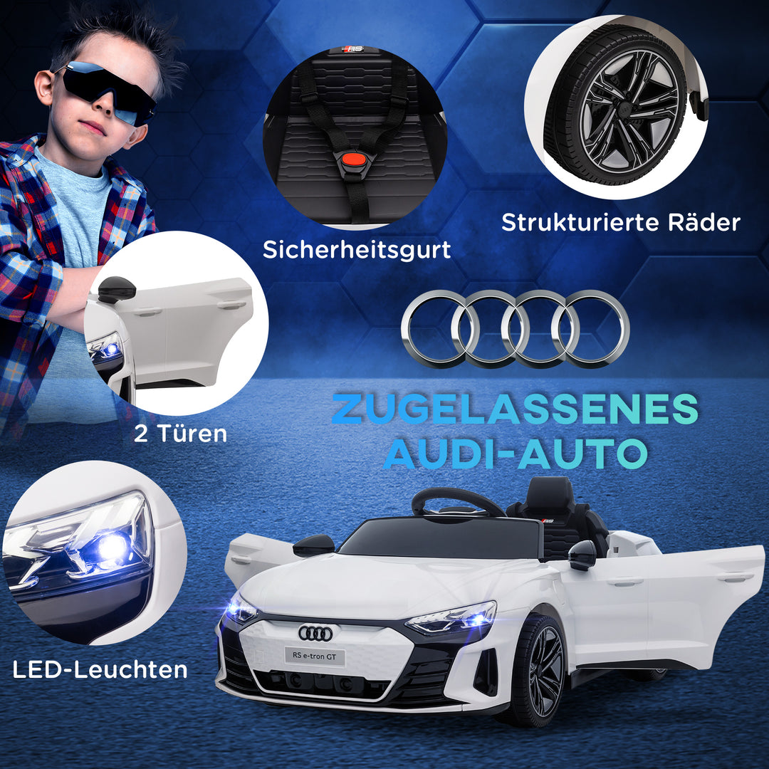 Audi RS e-tron GT elbil til børn med sikkerhedssele, fjernbetjening, forlygter, musikfunktion, hvid, 103 x 58 x 41 cm