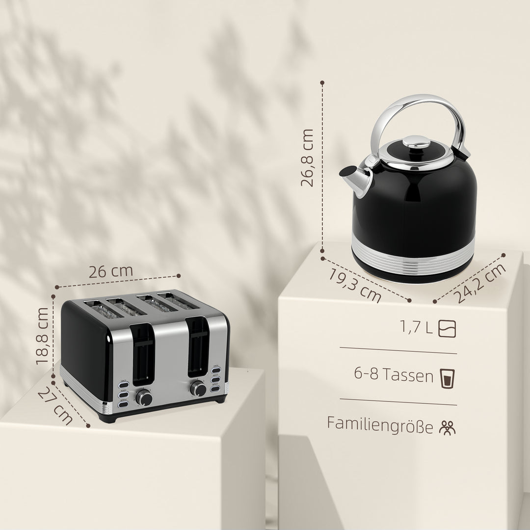 Elkedel- og brødristersæt, 7 bruningsniveauer, 1,7 L, plastik, rustfrit stål, sort