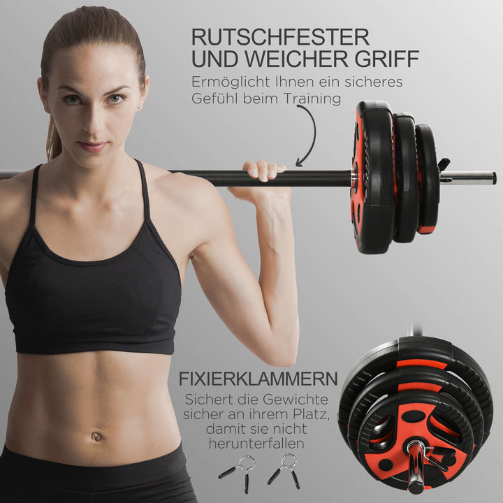Vægtstangssæt 20 kg, inklusive 6 vægtskiver, 2 x 5 kg, 2 x 2,5 kg, 2 x 1,25 kg, skridsikker stang, sort + rød