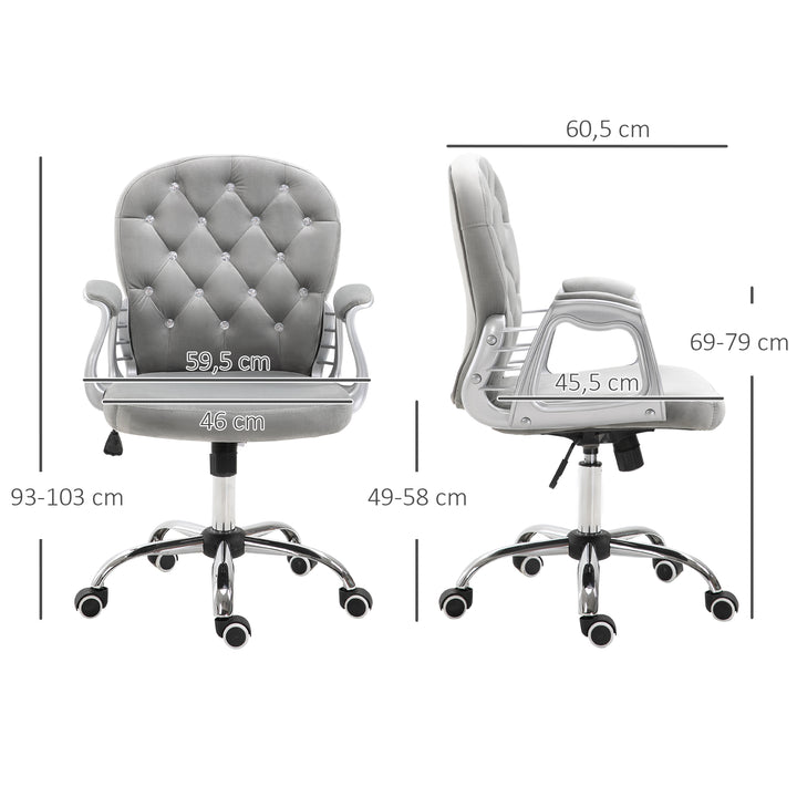 Kontorstol, ergonomisk skrivebordsstol med armlæn, polstret ryglæn, højdejusterbar computerstol med fløjlslook, drejestol til hjemmekontor, grå