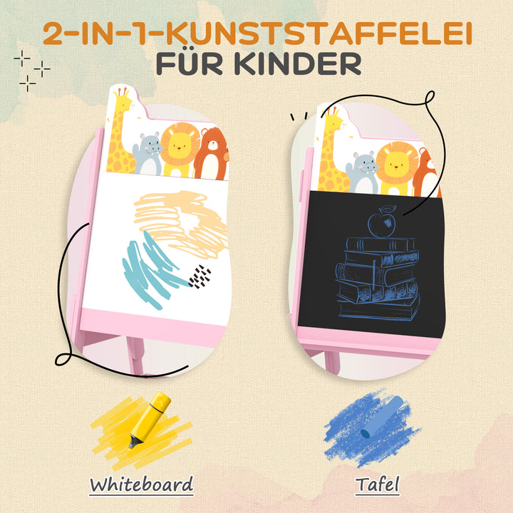 2-I-1 børnestaffeli med whiteboard, tavle og opbevaringskasser, til børn i alderen 3-8 år, lyserød