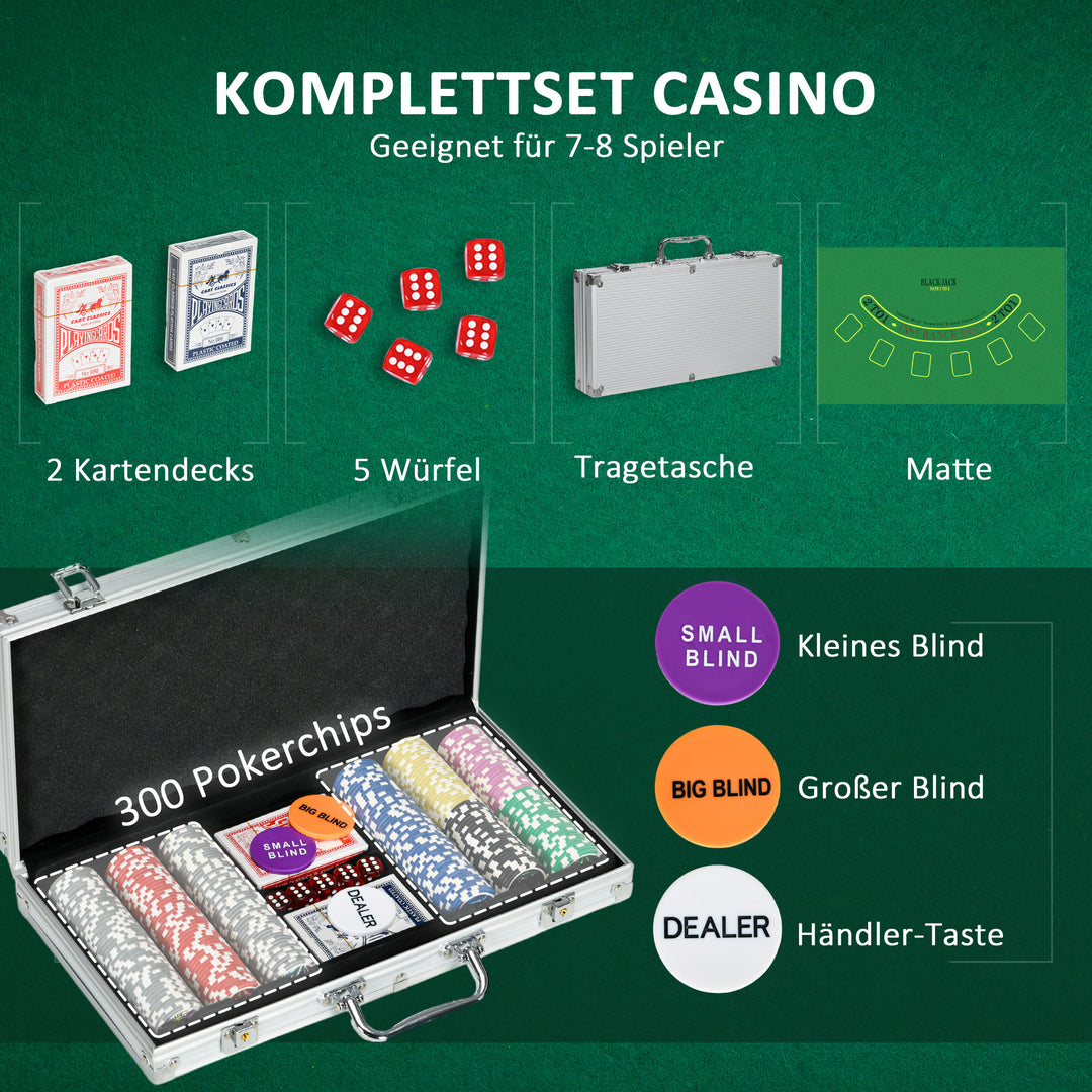 Casinotilbehør og chips pokersæt med chips pokerchipkasse, inklusive base, sæt med 300 chips, 2 sæt kort, 5 terninger