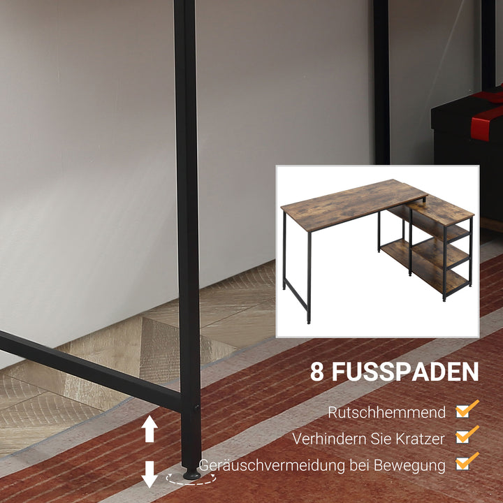 Hjørnebord vinkelbord pc-bord computerbord kontorbord hylde skuffe l-formet spånplade metal rustik brun 135 x 90 x 79 cm