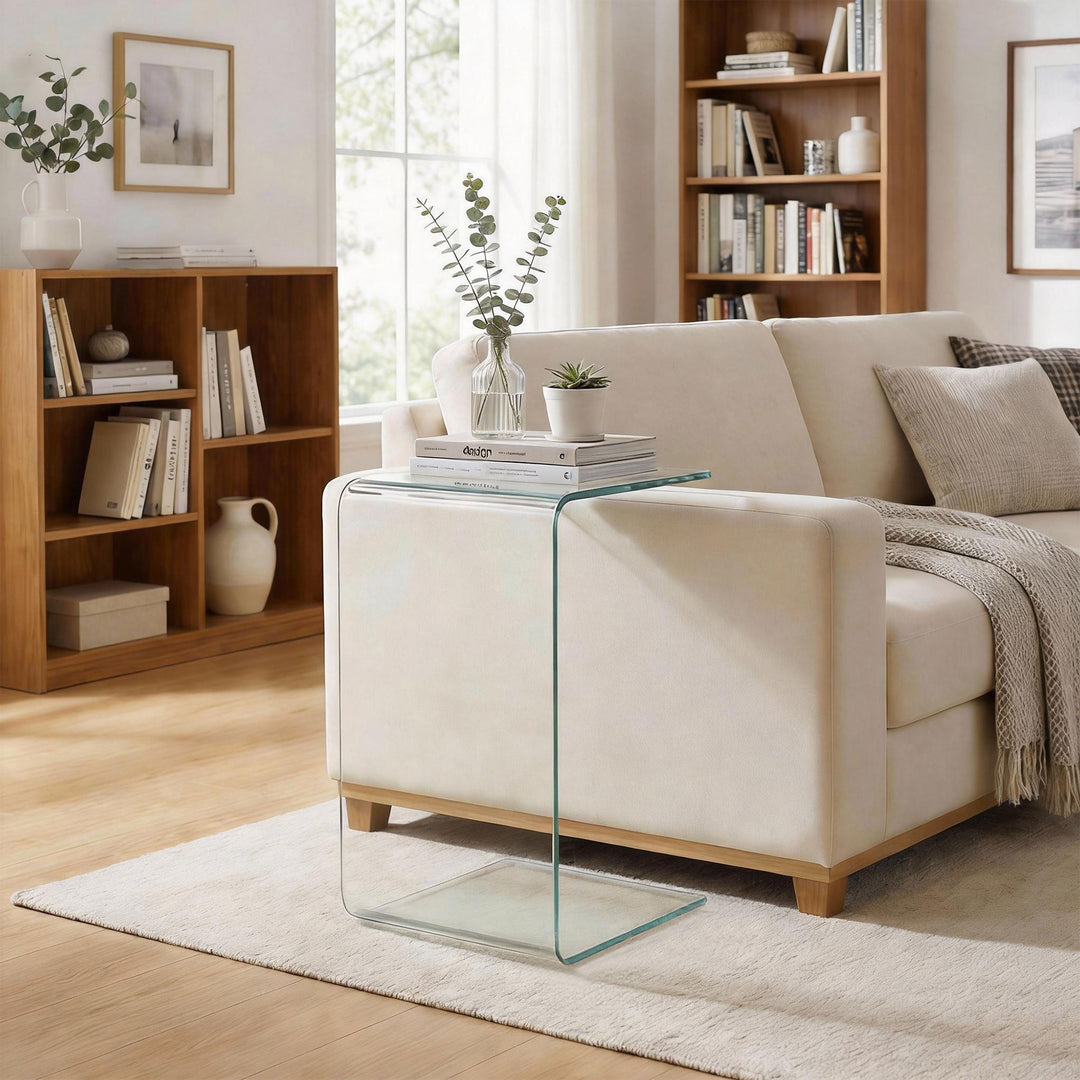 Robust sofabord i glas, design i ét stykke, enkelt og moderne, 80 x 45 x 35 cm, transparent