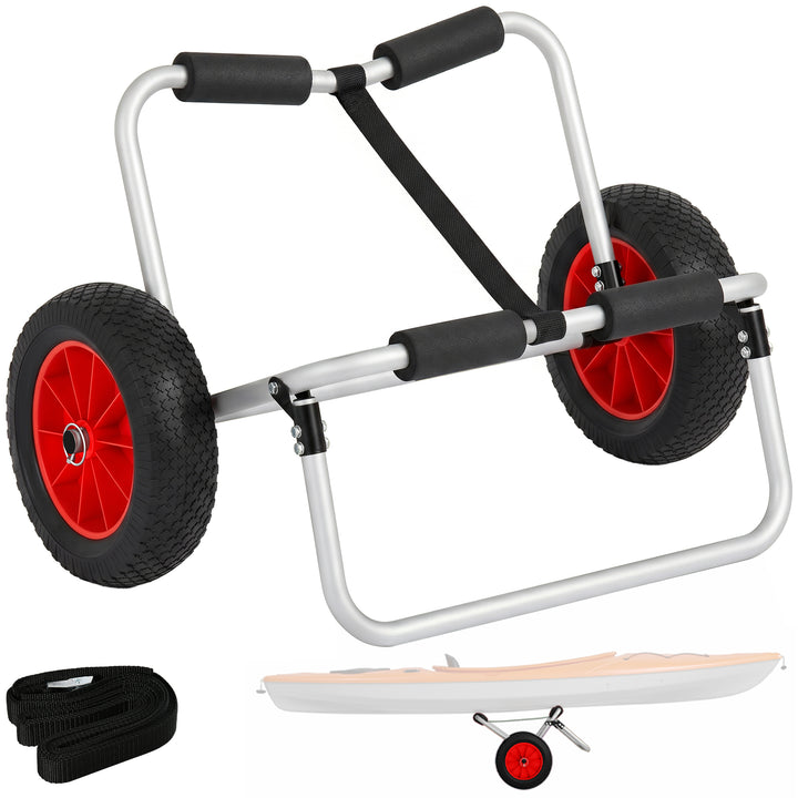 Sammenklappelig kanovogn op til 90 kg, transportvogn i aluminium, kajakvogn, bådvogn med rem, polstrede hjul, surfvogn, kanovogn, bådtrailer, vogn til surfbræt, bræt, oppustelig båd