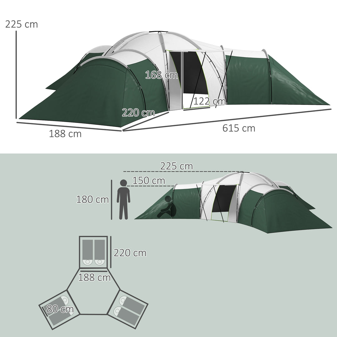 Campingtelt til 6-9 personer, 4 værelser, markise, vandtæt, 615 x 615 x 225 cm, grøn