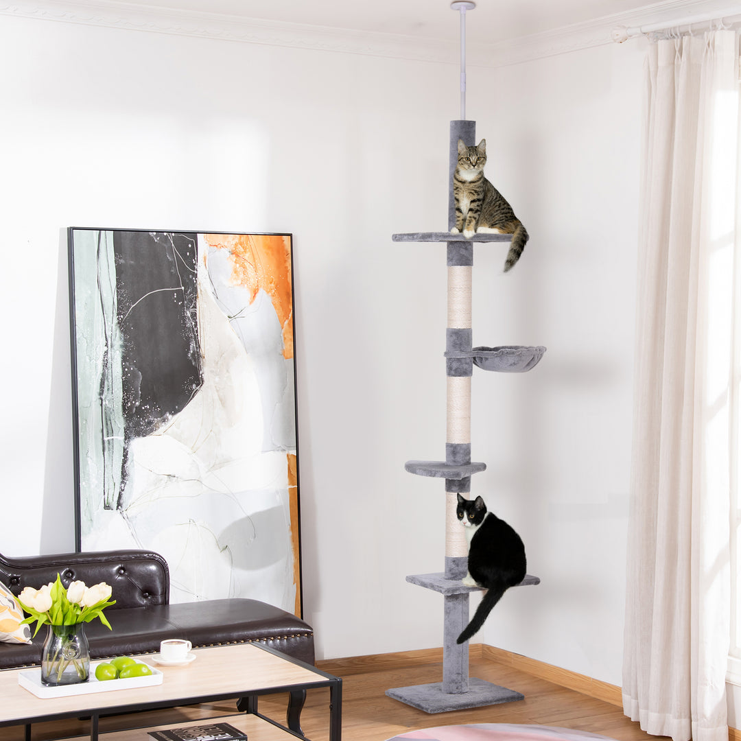 Lofthøjt, højdejusterbart kradsetræ, robust kradsetræ med sisalstolper, klatretræ til katte, gråt, 40 x 34 x 230-260 cm